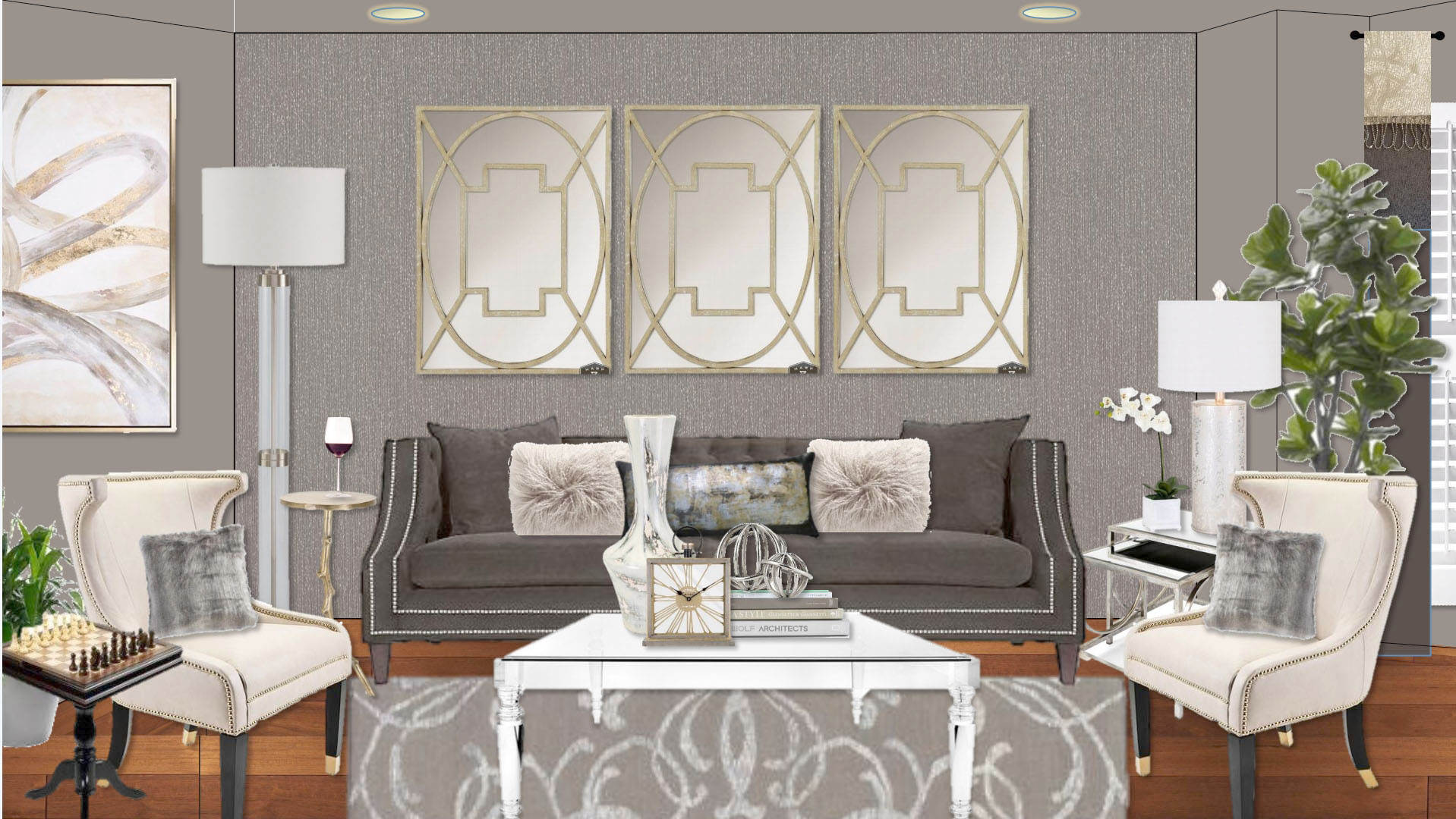A rendering of a living room with gray furniture.